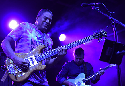 Bassist and bandleader Oteil Burbridge (L) and Tom Guarna perform with the Oteil and Friends band during the 2025 Suwannee Roots Revival music festival at the Spirit of the Suwannee Music Park.