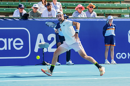 Jordan Thompson of Australia in action during Day 3 of the Kooyong Classic Tennis Tournament final match against Brandon Nakashima of USA at Kooyong Lawn Tennis Club. Serving as the finale to a spectacular three days of play, American up-and-comer Brandon Nakashima won in convincing fashion against Australian No. 85 Jordan Thompson. Continuing his strong run of form after claiming his maiden ATP Tour crown in 2022, the American claimed a comfortable victory winning (6-4, 6-2)