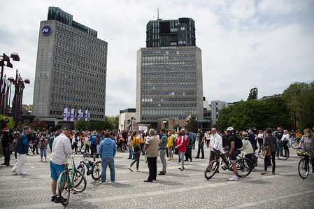 Protesters gather at the parliament building as they take part during the demonstration.
Around five hundred people protested in front of Slovenian parliament building against the government and its alleged corruption amid the coronavirus measures and restrictions.