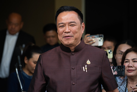 Thailand Prime Minister Anutin Charnvirakul speaks to the media during a press conference after the first official cabinet meeting of the new government at the government house in Bangkok.