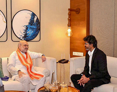 Chief Minister of Tamil Nadu, Chandrasekaran Joseph Vijay seen in a meeting with Union Home Minister, Amit Shah ahead of the Southern Regional Council meeting at Mamallapuram. Chief Ministers of Tamil Nadu, Andhra Pradesh, Kerala and Karnataka, along with the Chief Minister of Puducherry are expected to participate in the meeting.