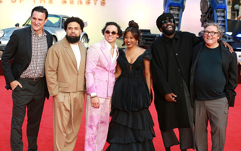 Mark Vahradian, Steven Caple Jr., Anthony Ramos, Dominique Fishback, Tobe Nwigwe and Lorenzo di Bonaventura attend the "Transformers: Rise Of The Beasts" European Premiere at Cineworld Leicester Square in London.