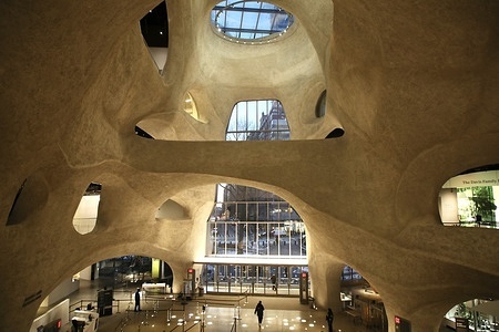 The main hall of the Gilder Center in Manhattan, New York, USA, designed by architect Jeanne Gang to resemble a canyon, is pictured at night. The $465 million new wing of the Natural History Museum opened in 2023.