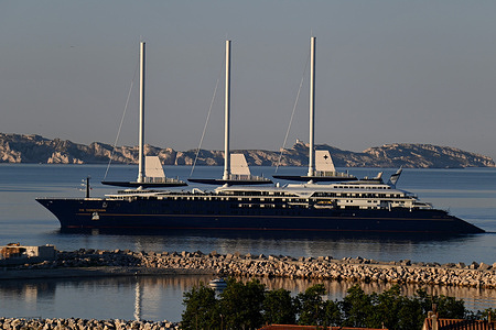 The Orient Express Corinthian cruise ship, using wind as its main propulsion, arrives at the French Mediterranean port of Marseille.