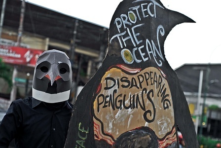 A member of Greenpeace Youth Jogjakarta wears a penguin mask while holding a placard with a Penguin picture during the climate change peace action.
Ahead of the final round of the UN negotiations on the Global Ocean Agreement next month, Greenpeace Youth Yogyakarta pressurise the government to create a marine sanctuary and also raise awareness about the damage caused by plastics, deep sea mining and overfishing to the oceans. As the penguin population continues to shrink, climate change is affected. Their existence is an indicator of the current ocean conditions.