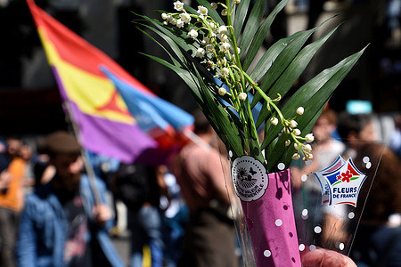 A protester holds sprigs of Lily of the valley (“muguet” in french) during the demonstration. Protestors take part in the annual May Day (Labor Day) marking the international day of the worker, in Marseille.