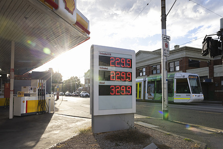 A fuel price board outside a petrol station displaying above-average fuel prices. Fuel prices in Melbourne, Australia continue to fluctuate amid broader pressures on global energy markets, impacting daily commuting costs.