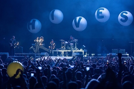 Swedish garage‑rock band The Hives perform during the second day of the Vilar de Mouros Festival.