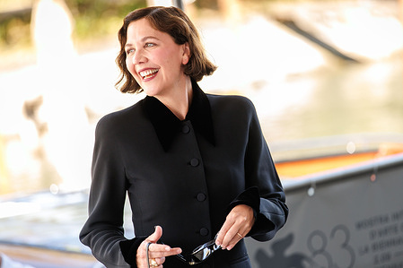American actress, director and President of the Official Jury Maggie Gyllenhaal arrives at the Darsena del Palazzo del Casinò ahead of serving on the Venezia 83 jury during the 83rd Venice International Film Festival.