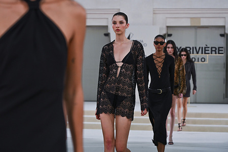 A model parades with Alex Riviere design during Mercedes Benz Fashion Week Madrid Cibeles Palace in Madrid, 15 February of 2026 Spain