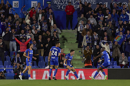 Juan Iglesias of Getafe CF, Zaid Romero of Getafe CF, Martin Satriano of Getafe CF and Allan Nyom of Getafe CF seen celebrating during the LaLiga EA Sports 2025/2026 football match between Getafe CF and RCD Mallorca at Coliseum stadium. Final score; Getafe CF 3:1 RCD Mallorca.