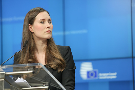 Sanna Marin, Finnish Prime Minister speaks at a press conference after the European Council, EU Leaders Summit meeting in Brussels.