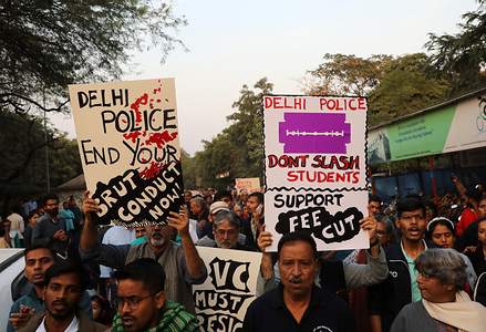 Teachers march with placards during the demonstration.
Protest against the brutal police assault on JNU Students and teachers at Jawarharlal Nehru University who have been protesting for over three weeks about the draft hostel manual which has provisions for hostel fee hike, dress code and curfew timings.