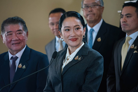 Suspended Prime Minister Paetongtarn Shinawatra speaks to the media during a press conference after the Constitutional Court found her guilty at the government house. Thai suspended Prime Minister Paetongtarn Shinawatra was removed from duty by the Constitutional Court after she was found guilty in the case of the leaked phone call of her with the former Cambodia Prime Minister Hun Sen.