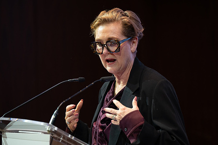 Francesca Thyssen speaks during the presentation of the exhibition 'Pedagogies of War' at the Thyssen Museum.