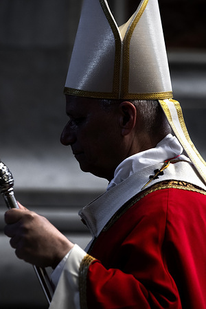 Pope Leo XIV seen leaving at the end of the funeral Mass for Cardinal, Emil Paul Tscherrig at the Altar of the Chair in St. Peter's Basilica.