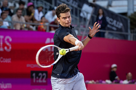 Alexander Blocky of Belgium seen in action during the tennis match between Alexander Blocky of Belgium and Kyrian Jacquet of France (not in view) during the Millennium Estoril Open 2026 at Clube de Tenis do Estoril . Alexander Blocky won 3-6, 6-4, 7-6
