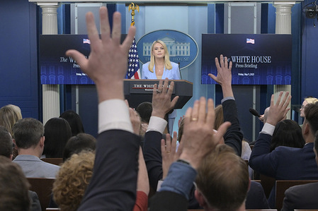 WH Press Secretary Katerine Leavitt speaks about Immigration, US-UK deals during a press conference, at Brady Briefing Room/White House in Washington DC, USA.
