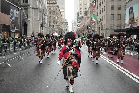 A band of bagpipers march at the New York City St. Patrick's Day Parade on Fifth Avenue. The annual parade commemorating Irish culture, draws police officers, firefighters, politicians, bands and revelers to midtown Manhattan, New York City.
