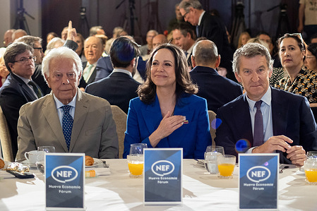 From left to right: Felipe González, former Prime Minister of Spain; Nobel Peace Prize laureate María Corina Machado; and Alberto Núñez Feijóo, leader of the Spanish People's Party, attend a breakfast briefing organized by the New Economy Forum at the Four Seasons Hotel in Madrid.
