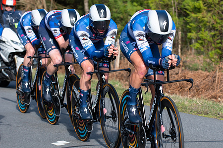 The Soudal-Quick step team in action during the third stage of Paris-Nice 2023. The third stage of the Paris-Nice 2023 cycling race is a 32.2 km team time trial on a circuit around Dampierre-en-Burly. The Jumbo Visma team won the stage ahead of the EF EasyPost team. Danish rider Magnus Cort Nielsen (EF EasyPost team) takes the overall leader's yellow jersey.