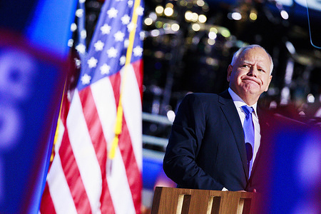 Democratic vice presidential nominee Tim Walz speaks during the third day of the Democratic National Convention (DNC) at the United Center.
