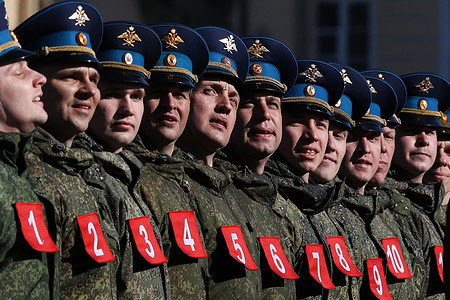 A parade of military personnel in field uniforms and caps of the Russian Aerospace Forces (VKS) on Palace Square during the first rehearsal for the 81st Victory Day Parade. The first rehearsal of parade units on foot took place on Palace Square in St. Petersburg in preparation for the 81st anniversary of Victory in the Great Patriotic War. Units of the Leningrad Military District, cadets from military academies, and representatives of law enforcement agencies participated in the training. The specialists practiced their marching skills and drill techniques accompanied by a combined military orchestra. On May 9, 1945 (Moscow time), the Act of Unconditional Surrender of Germany came into force. For city residents, this date is inextricably linked with the heroism of the Leningraders who survived the siege.
