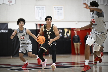 St. Francis High School's Stephan Karibyan (5) seen in action during the match between St. Francis High School and Harvard-Westlake High School Boys Varsity Mission League Basketball game at Studio City.