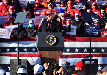 U.S. President Donald Trump speaks to his supporters during a campaign rally.
United States President Donald J. Trump campaign a day before the United States Presidential election 2020.