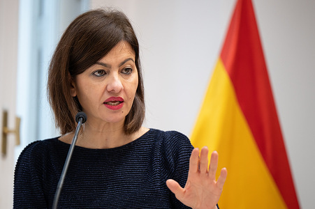 Minister of Youth and Children, Sira Rego speaks during the presentation of the 'Buzon de las personas becarias' at the Ministry of Youth and Children.