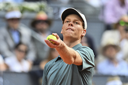 Jannik Sinner of Italy against Arthur Fils of France during their Men's Singles semi-final match on day twelve of the Mutua Madrid Open at La Caja Magica
