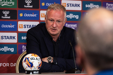 North Ireland's head coach Michael O'Neill speaks during a post-match press conference following the friendly match between Denmark and Northern Ireland at Parken Stadium. Final score: Denmark 2 :1 Northern Ireland