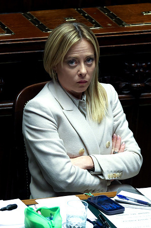 Italian Prime Minister Giorgia Meloni, sitting on the benches of the Italian government, listens to the speeches of the members of the Italian parliament. Italian Prime Minister Giorgia Meloni spoke at the Chamber of Deputies with communications in view of the European Council in Brussels on 18 and 19 December.