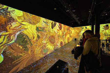 People are standing on a platform while looking at an immersive art exhibition of Van Gogh's work on sunflowers. The Immersive Van Gogh exhibition is dedicated to the artwork of painter Vincent Van Gogh in Toronto, Canada. They transformed a 5-story 600,000-cubic-feet warehouse space into an illuminated digital gallery. Over 18 similar exhibitions are currently found across North America.