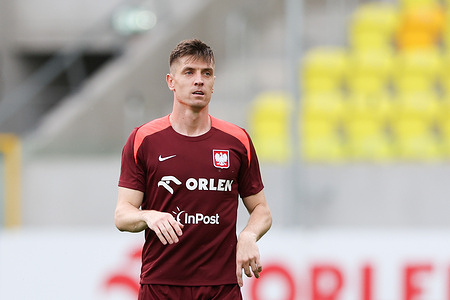 Krzysztof Piatek of Poland is seen in action during training before the Poland-Moldova friendly match in at Silesia Stadium.