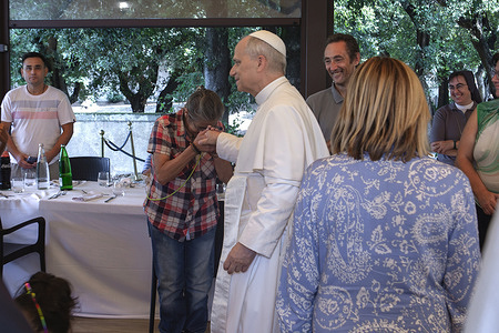 Pope Leo XIV arrives to participate in a lunch with the poor assisted by Caritas of Albano Laziale, at Borgo Laudato Sì, in the Gardens of the Pontifical Villas.