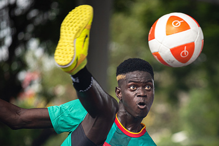 Mame Cheikh Fam of Senegal plays against Hidayat Ur Rehman (not pictured) of Pakistan during the Teqball Men's Singles group stage match in the World Teqball Championships 2023 at Huamark Indoor Stadium. Mame Cheikh Fam won over Hidayat Ur Rehman 2:0 (12:2,12:6).