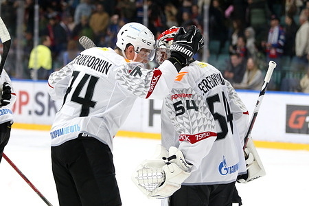 Nikolai Prokhorkin (74) and Nikita Serebryakov (54) of Avangard Hockey Club seen in action during the Hockey match, Kontinental Hockey League 2025/2026 between SKA Saint Petersburg and Avangard Omsk at the Ice Sports Palace. (Final score; SKA Saint Petersburg 2:4 Avangard Omsk).