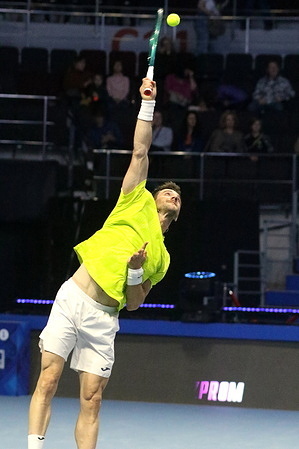 Pedro Martinez of Spain plays against Dusan Lajovic of Serbia (Not in view) during the International Team Tennis Tournament Trophies of Northern Palmyra 2024 at The Arena. Final score: (Dusan Lajovic 5:2, 3:4, 3:4 Pedro Martinez)