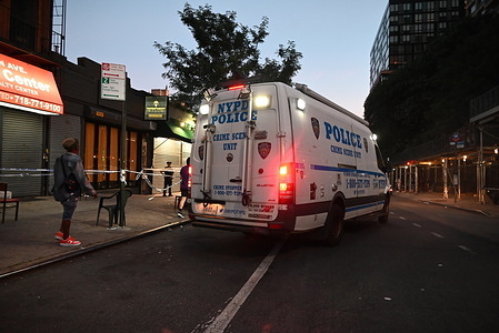 The NYPD Crime Scene Unit vehicle stages at the scene following a mass shooting over the weekend where three people were killed and another eleven people were injured in a shooting involving multiple shooters at Taste of the City Lounge on Franklin Avenue in the Crown Heights neighborhood of Brooklyn. Elected officials gathered outside the Taste of the City nightclub for a vigil to pray for those killed and wounded following the mass shooting over the weekend. At least 14 people were shot at the Taste of the City Lounge on Franklin Avenue in Crown Heights around 3 a.m. Sunday. Police say 19-year-old Marvin St. Louis and 35-year-old Jamel Childs spoke briefly inside the lounge. Authorities say 10 minutes later, St. Louis approached Childs and opened fire. Detectives say Childs and two other gunmen fired back. St. Louis and Childs were killed, along with 27-year-old Amadou Diallo. Officials believe Diallo was an innocent bystander. Two of the three deceased individuals are the shooters involved in the incident," Police Commissioner Jessica Tisch said. "Childs has eight prior arrests and is listed in our criminal data base as a member of Folk Nation, a violent gang that terrorizes Brooklyn and is responsible for a half-dozen shootings so far this year." NYPD officers are still looking for the other two gunmen in the shooting.