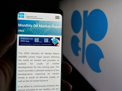 In this photo illustration, a person is holding a cellphone with the webpage of petroleum exporting organization OPEC on screen in front of logo.