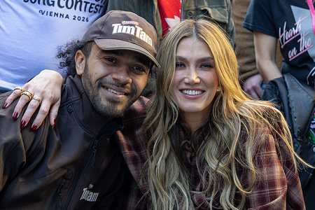 Delta Goodrem poses for photographs with her fans, after her surprise performance ahead of Eurovision 2026 in Camden, London.