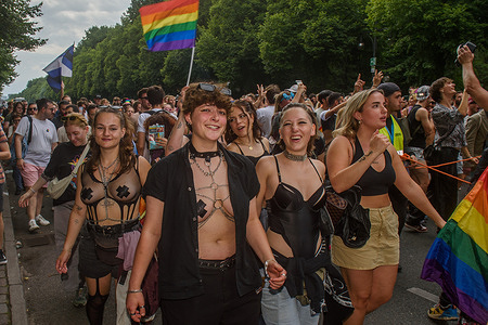 (EDITORS NOTE: Image contain nudity) Participants in fancy costumes take part during the pride parade. Berlin Christopher Street Day (CSD Berlin) or Berlin Pride Parade is an annual demonstration in Berlin for the rights of LGBT+ people.
