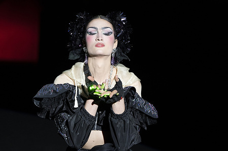 A model walks the runway at the Guillermo Decimo fashion show during the EGO Mercedes Benz Fashion Week at Ifema in Madrid.