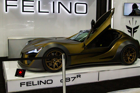 Edmonton Motor Show Premier Car- Felino Cars announces the Felino cB7r, one of only 10 being made and manufactured in Laval Quebec, Canada. Retailing for $365,000 cdn, the FELINO cB7 is custom built, one car at a time, according to the tastes and requests of the customer. The cars are capable of speeds in excess of 300 km/h. 2 of the cB7r are already sold and one had already been delivered. Its sister model the cB7+ is lighter and even more powerful.