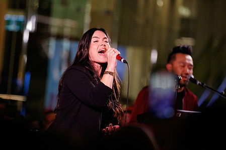 Vanessa Amorosi and her backing band perform during the Queen Street Mall 40th Birthday Street Party in Brisbane. The celebration of the 40th anniversary of the iconic Queen Street Mall in Brisbane City is an evening of street party festivities including live music and a fashion runway organized by Queen Street Mall and Brisbane City Council.