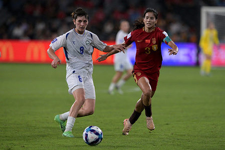 Ilvina Abiyakimova of Uzbekistan women football team and Chen Qiaozhu of China Women Football team seen in action during the AFC 2026 Women's Asian Cup Group B match between China and Uzbekistan at the Western Sydney Stadium. Final score: China 3 : 0 Uzbekistan.