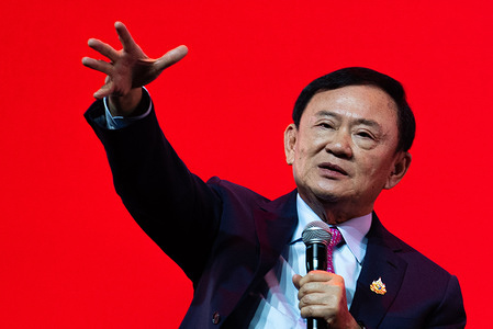 Thaksin Shinawatra, A Former Thailand's Prime Minister, seen speaks on the stage during the SPLASH - Soft Power Forum 2025 at Queen Sirikit National Convention Centre in Bangkok.