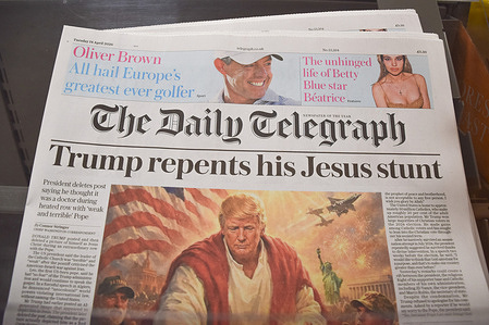 The Daily Telegraph, with the controversial AI image of Trump as Jesus on the front page, on sale at a store in Central London. The culture secretary Lisa Nandy has cleared the takeover of the newspaper by the Germany-based company Axel Springer.