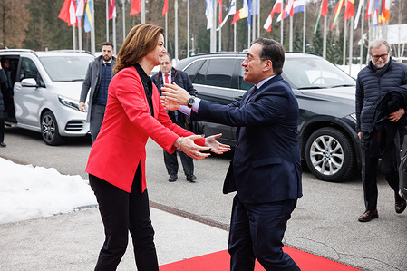 The Minister for Foreign Affairs, European Union and Cooperation of the Kingdom of Spain Jose Manuel Albares Bueno meets Slovenian Foreign Minister Tanja Fajon upon arriving at the annual gathering of Slovenian diplomats in Brdo pri Kranju. The Spanish Foreign Minister attended the annual gathering of Slovenian diplomats as a guest of honour during his visit to Slovenia.